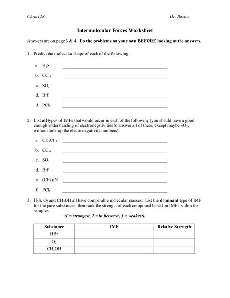 Intermolecular Forces Worksheet Answer Key