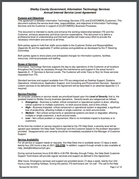 Internal Service Level Agreement Example and Template