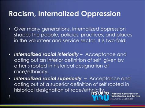 Definition. Internalized oppression is the set of psychological effects experienced by individuals who participate in acts of oppression, either as the object of oppression (the oppressed) or as the initiator (the oppressor). These are in addition to direct adverse health, social, and economic effects of oppression.. 