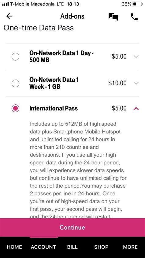 International pass tmobile. When free international data roaming was introduced with T-Mobile, I was often able to pick up better than 2G speed. However, the data speed is throttled to 2G these days. This is where T-Mobile shines with their “$5” international add-on pass. The on-demand pass gives you 512MB of Internet and unlimited calling in 210+ countries in a 24 ... 