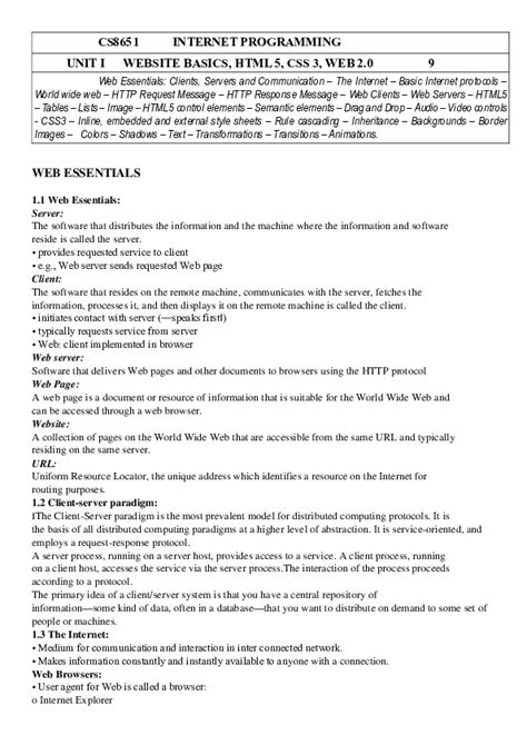Internet programming notes pdf download. 0 9 CS8651 INTERNET PROGRAMMING UNIT I WEBSITE...