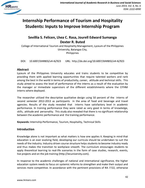 Internship Performance of Tourism and Hospitality Students