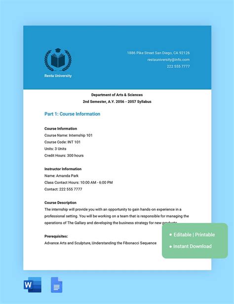 Internship Syllabus Template Word, Google Docs