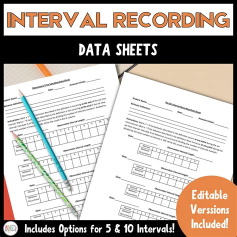 To record interval data: 1. Divide the observation period into equal intervals (usually between five and fifteen seconds long). 2. At the end of each interval, record whether or not the behavior occurred. Note: For whole interval recording, the behavior must occur for the entire interval. For partial interval recording, the behavior must occur .... 