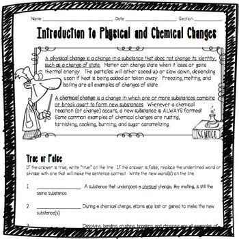 Introduction to Physical and Chemical Changes Worksheet Back to