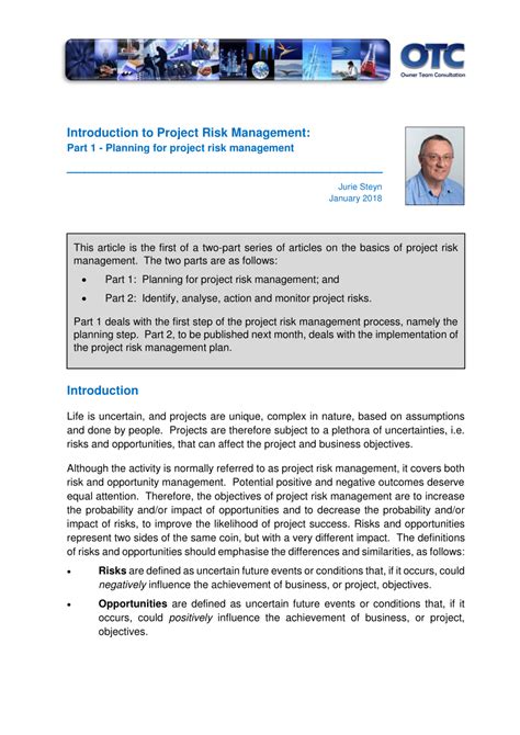 Introduction to Project Risk Management Part 1 Planning for project