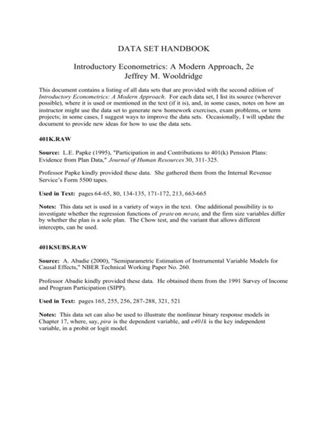 Introductory econometrics data sets.  For each data set, I list its source (where...