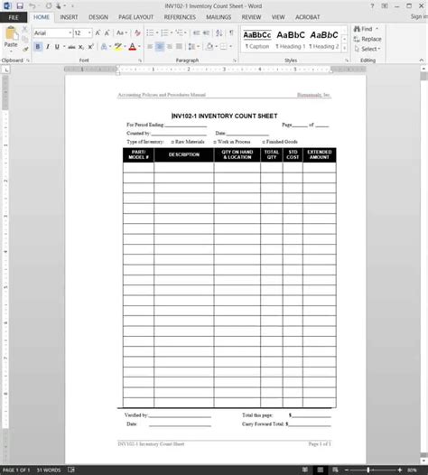 Inventory Count Sheet Template Excel