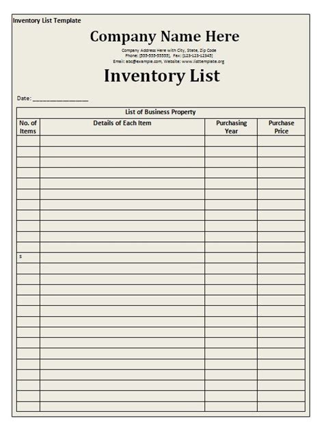 Inventory List Example Free Word Templates