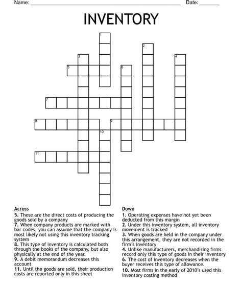 Inventory wd. crossword clue. 2023-10-15. You are connected with us through this page to find the answers of Inventory: Abbr.. We listed below the last known answer for this clue featured recently at Nyt crossword on OCTOBER 15 2023. We would ask you to mention the newspaper and the date of the crossword if you find this same clue with the same or a different answer. 