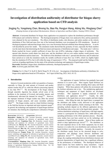 Investigation of distribution uniformity of distributor for biogas ...