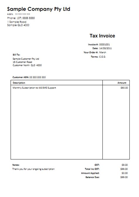 Invoice Template Australia No Gst