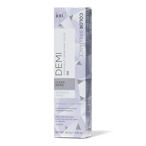 ion Color Brilliance Demi Permanent Creme Hair Color contains botanically derived nourishing ingredients with a refreshing fragrance. ion Demi Clear 00 is a colorless shade that will give you brilliant shine when used alone or less color intensity when mixed with other colors. Mix equal parts clear to 10 volume 1:1 oz. Process for 25 minutes..