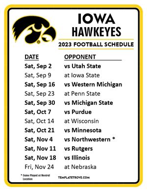 Sep 2, 2023 · Full Iowa Hawkeyes schedule for the 2023 season including dates, opponents, game time and game result information. Find out the latest game information for your favorite NCAAF team on... . 