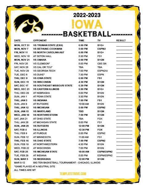 Hawkeyes. ESPN has the full 2023-24 Iowa Hawkeyes Regular Season NCAAM schedule. Includes game times, TV listings and ticket information for all Hawkeyes games. .