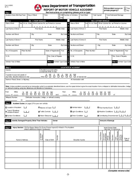 An accident occurring anywhere within the State of Iowa causing death, personal injury, or total property damage of $1,500.00 or more must be reported on this accident report form. Please return form to our office as soon as estimates can be obtained. Instructions Please print or type all information. Use black or dark blue ink. Step 1.. 