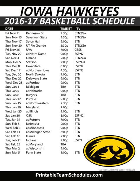 Iowa Hawkeyes. Iowa. Hawkeyes. ESPN has the full 2023-24 Iowa Hawkeyes Regular Season NCAAM schedule. Includes game times, TV listings and ticket information for all Hawkeyes games. . 