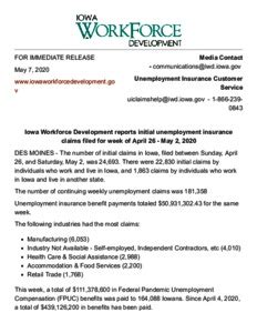 Iowa workforce unemployment claim. A link from Department of Labor A link from Department of Labor “States reported 2,143,049 persons claiming EUC (Emergency Unemployment Compensation) benefits for the week ending S... 