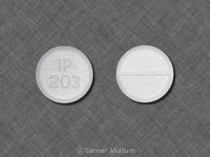 Round White Pill IP 203. Size: 11 mm capsule. What it is: Oxycodone 5 mg / Acetaminophen 325 mg. What it’s for: Prescription-only opioid/narcotic pain reliever for moderate to severe pain. Also sold as: Percocet, Endocet, Roxicet . Round White Pill K 18. Size: 6 mm. What it is: Oxycodone hydrochloride 5 mg. 