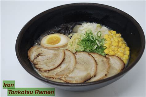 Iron ramen. 1/2 cup diced ham. 1/2 cup sweet peas. 1 1/2 tablespoon Iron Chef Orange Sauce with Ginger. Cook Ramen noodles, ham, and vegetables in a pot of water until done. Drain water. Pour noodles in bowls. Add Iron Chef sauce, and still well. Garnish each bowl with a slice of pineapple. 
