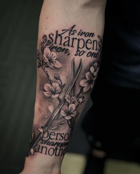 Iron sharpens iron tattoo. Proverbs 27:17 likens the interaction between two faithful friends who are seeking the improvement of one another to the sharpening of an iron stone or other iron tool against an iron sharpener. The analogy is even clearer in the Hebrew, for the second half of the verse can be translated "one man sharpens the face of another." 