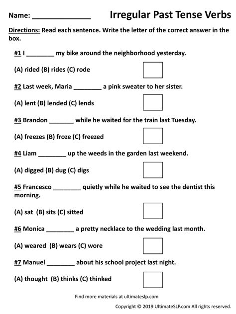 Irregular Past Tense Verbs Worksheet Ultimate SLP Worksheets Library