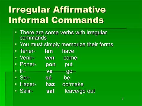 30 janv. 2023 ... Click here to jump to the verb tables for formal and informal Spanish commands ... There are also some irregular commands that you'll have to .... 