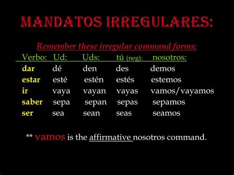 repitan. There are no irregular usted or ustedes commands. However, there are many irregular subjunctive conjugations that would be useful to remember. A few .... 