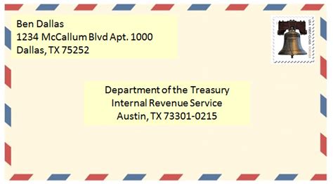 Below the IRS center name and address, write the city, state, and ZIP code associated with the IRS center. This information helps with the routing of your mail. This example shows the format when a complete address is provided: Internal Revenue Service. 3651 S Interstate 35. Austin TX 78741-7855. 