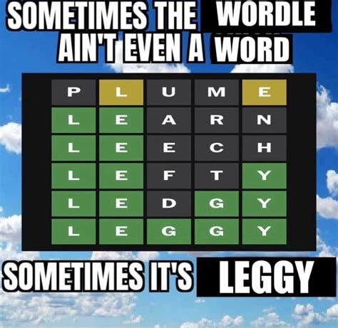 Is leggy a wordle word. The word puzzle game has since inspired tons of games like Wordle, refocusing the daily gimmick around music or math or geography. It wasn't long before Wordle became so popular it was sold to the ... 