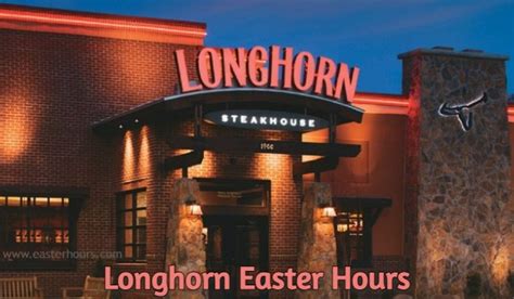 Is longhorn open on easter. Sunday. 11:00AM - 10:00PM. Dinner 11:00AM - 10:00PM. Curbside 11:10AM - 9:50PM. Online Pickup 11:10AM - 9:50PM. Wait List 11:00AM - 9:00PM. Dine-In and Curbside To Go Available Now. Find steaks grilled to perfection at your Bartonsville, Pennsylvania LongHorn Steakhouse. At your restaurant located near I-80 and at the Crossroads Mall … 