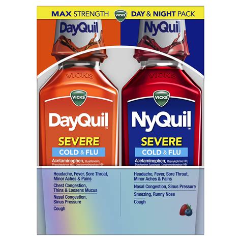 With this DayQuil and NyQuil Liquid combo pack, you'll have the cold and flu multi-symptom relief you need on hand, day or night.When you have a cold and need to get a good night's sleep, NyQuil nighttime medicine will temporarily relieve headaches, fever, sore throat, minor aches and pains, sneezing, runny nose, and cough. For powerful, non .... 
