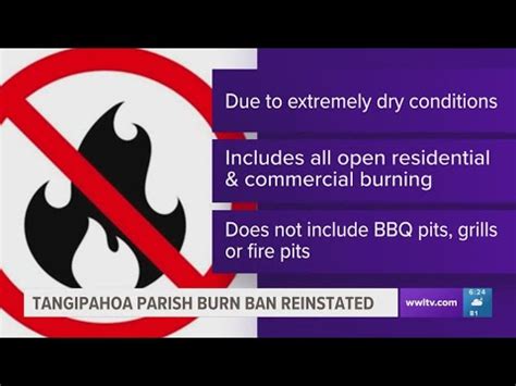 Is there a burn ban in tangipahoa parish. An updated burn ban that went into effect on September 29 now allows each parish the ability to opt out of the statewide burn ban if they choose to. For Rapides, Grant and Vernon parishes, the ... 