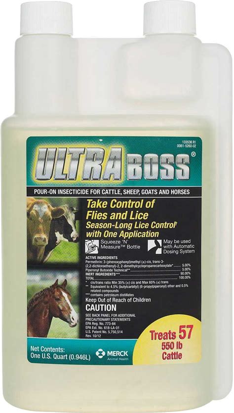 About ULTRA BOSS POUR-ON INSECTICIDE: Broad-spectrum insecticide against lice, horn flies and face flies. Aids in control of horse flies, stable flies, mosquitoes, black flies and ticks. Effective horn fly control for 8 weeks. 1. Season-long lice control with one application (January through April). 1. Fast-acting permethrin formulation with 5% .... 