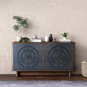 Product Details. The Beaufort Console; Featuring a charming vintage warm blue/grey hue complimented with a wood tone top, shelves, and inside back panel. This spacious ….