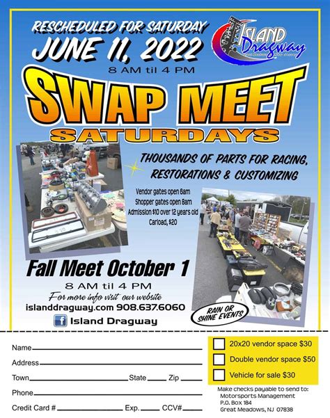  Closed for Swap Meet Setup. October 21, 2022 @ 6:00 pm - 11:00 pm ... Island Dragway. GPS Address: 20 Island Rd, Great Meadows NJ 07838. Follow; Follow; 