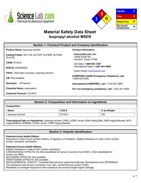 Isopropyl Alcohol SDS (Safety Data Sheet) Flinn Scientific