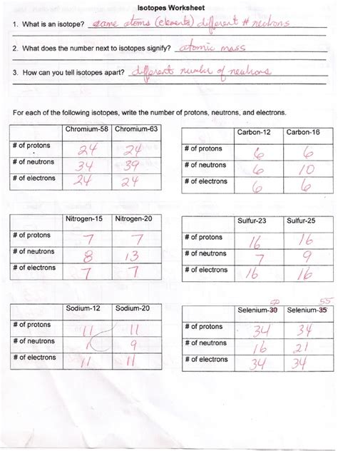 Isotope practice worksheet with answers. amount of time that it takes half of the isotope in a sample to decay. For example, if you had 2 kg of carbon 14, it would take 5,730 years for that sample to decay, and you would be left with 1 kg of carbon 14. (Therefore the half life of carbon 14 is 5730 years.) This relation is summarized in the following formula: In this formula, t 1/2 