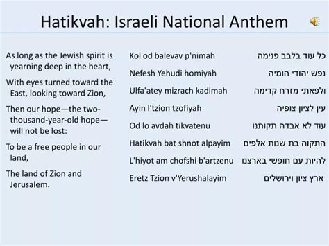 Israeli national anthem. Hatikvoh (National Anthem Of Israel) - Al Jolson;Simon Rady: Notes. The recording on the other side of this disc: Israel. Addeddate 2017-09-24 17:27:41 Boxid IA1501402 IA1569319 Ccnum asr Closed captioning yes Collection-catalog-number GBIA0019293A Condition Very Good External-identifier 