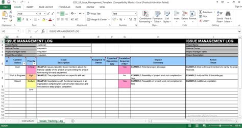 Issue Management Excel Template