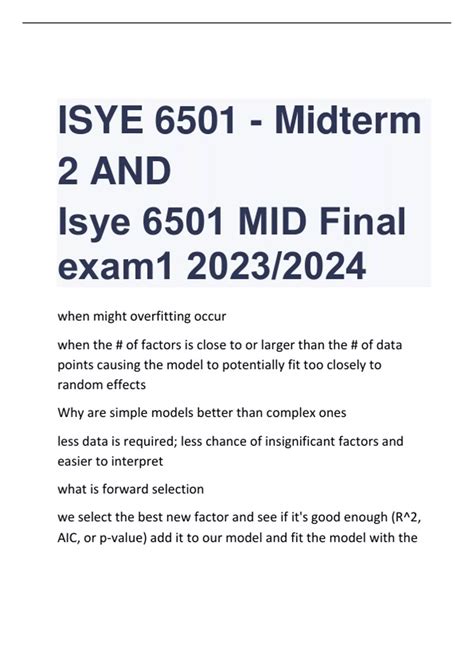 isye 6501 final exam 2024 with 100 correct answer. Written for. Institution ISYE 6501; Course ISYE 6501; Seller Follow. YANCHY Member since 1 year 911 documents sold .... 