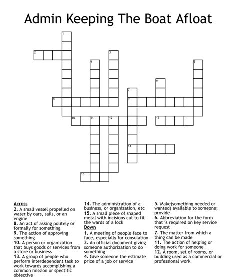 Clue: Keep the boat afloat. Keep the boat afloat is a crossword puzzle clue that we have spotted 4 times. There are related clues (shown below). Referring crossword puzzle answers. BAIL; Likely related crossword puzzle clues. Sort A-Z. Take off; Leave; Quit; Night court payment; Leave in a hurry; Scoop; Typewriter .... 