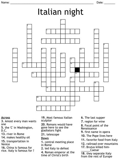 Italian nights crossword. Crossword Clues. The CroswodSolver.com system found 25 answers for italian for nights crossword clue. Our system collect crossword clues from most populer crossword, cryptic puzzle, quick/small crossword that found in Daily Mail, Daily Telegraph, Daily Express, Daily Mirror, Herald-Sun, The Courier-Mail, Dominion Post and many others popular ... 