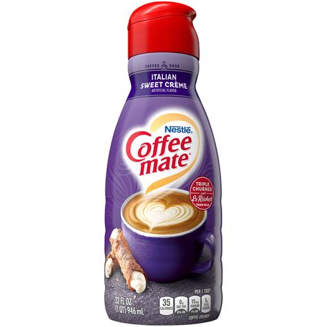 Italian sweet cream. One 64 fl oz bottle of Nestle Coffee mate Italian Sweet Creme Flavored Liquid Coffee Creamer. Silky and smooth, this Coffee mate Italian creme creamer creates a remarkably rich flavor. Cholesterol-free, lactose-free and non dairy creamer. Coffee mate Italian creme creamer makes it easy to add the right amount of flavor every time. 