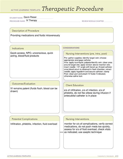 Iv therapy ati template. ATI Skills active learning template: nursing skill theresa plummer student therapy skill name__iv review module description of skill is the process. Skip to document. University; ... Theresa Plummer IV therapy. is the process of infusing fluids, via an intravenous catheter to administer medications, blood, supplemental fluid intake, or to ... 