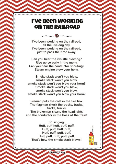 Ive been working on the railroad. I've been working on the railroad. All the livelong day. I've been working on the railroad. Just to pass the time away. Can't you hear the whistle blowing. Rise up so early in the morn. Can't you hear the captain shouting. Dinah, blow your horn. Dinah, won't you blow. 