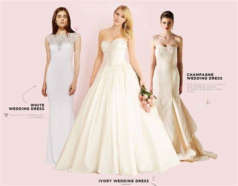 Ivory vs white wedding dress. Although most dresses before this had shades of cream, the pure white color became more common. In modern times, most white dresses are ivory colored, which gives them a warmer effect. However, if you are sticking with tradition, the best wedding dress color should compliment your skin tone. Pure white dresses can be a little stark on pale skin ... 