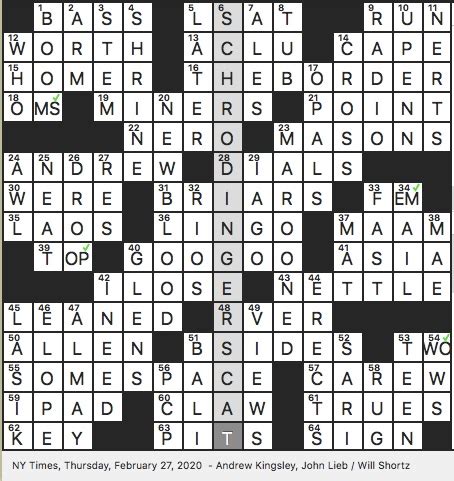 Find the latest crossword clues from New York Times Crosswords, LA Times Crosswords and many more. Enter Given Clue. Number of Letters (Optional) ... Ivy seen among cliffs 2% 3 AAA: Like some minor-league baseball 2% 11 PENNQUAKERS: Ivy League team 2% 9 YALEWIVES: Some Ivy League spouses? 2% 8 PENNPALS: Ivy League buddies? 2% …