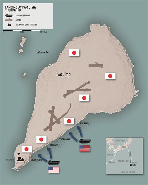 Historical Map of East Asia and the Western Pacific (8 May 1945 - Battles of Iwo Jima and Okinawa: By now the United States was ready to advance on the Japanese home islands. In February, US forces landed on Iwo Jima in the Volcano Islands, followed two months later by Okinawa in the Ryukyus. In both cases, the Japanese defended ferociously, mounting numerous suicide attacks..