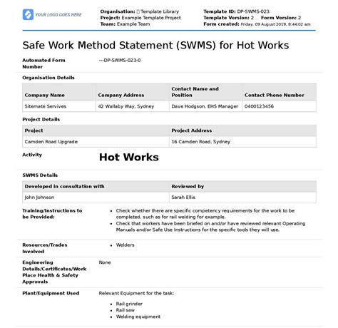 A Safe Work Method Statement (SWMS) is a legal document outlining high-risk construction work (HRCW) activities carried out within a workplace, the hazards that may arise from these activities, and safety measures to control the risks. It's essential for tasks involving manual handling, hazardous manual tasks, and those requiring a safe system ...